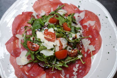 High angle view of salad in plate on table