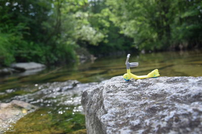 Close-up of toy on rock in lake