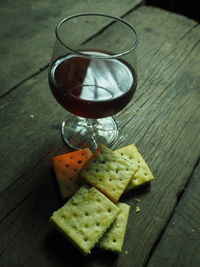 High angle view of beer in glass on table