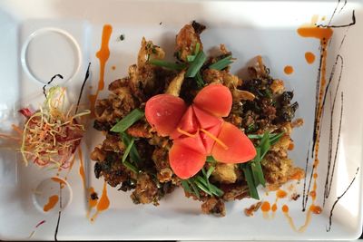 High angle view of meal served on table