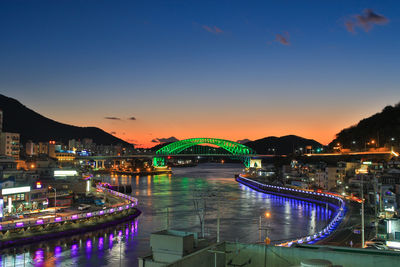 Illuminated city at waterfront during sunset