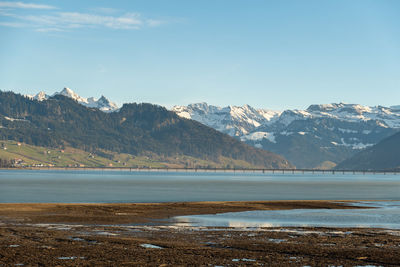Einsiedeln areacanton schwyz, switzerland, february 20, 2023 fascinating view along the lake sihlsee 