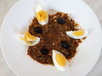 High angle view of breakfast served in plate