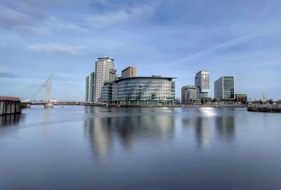 City at waterfront against cloudy sky