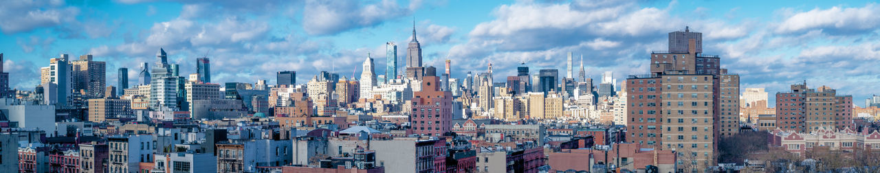 Panoramic view of modern buildings in city against sky