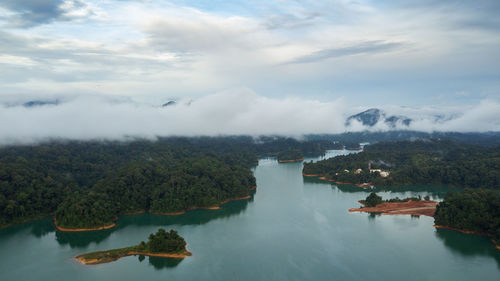 Aerial view of kenyir lake in the morning.