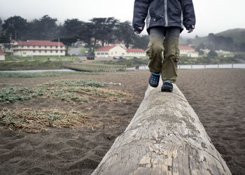 Low section of man walking on driftwood at beach 