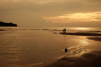 Silhouette people on beach against sky during sunset