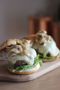 Close-up of food on cutting board over table