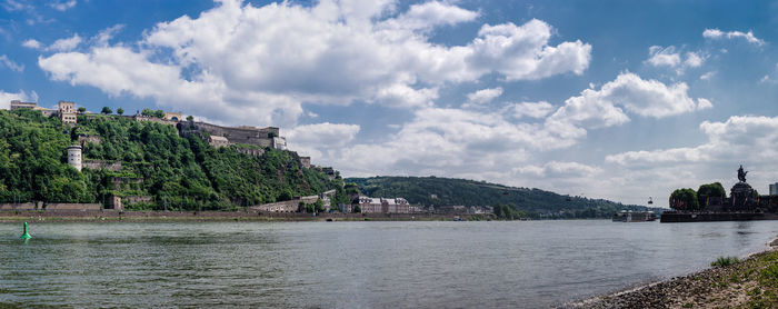 Panoramic view of the ehrenbreitstein fortress on the side of rhine and german corner deutsche eck 