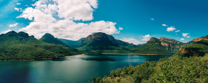 Scenic view of lake and mountains against sky