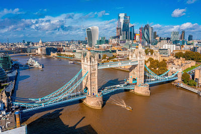 Aerial panoramic cityscape view of the london tower bridge