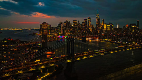 High angle view of illuminated city at night