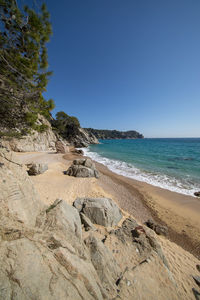 Scenic view of beach against clear blue sky