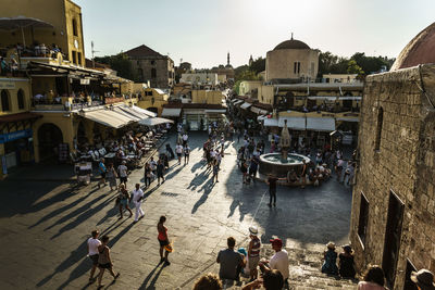 High angle view of people in city