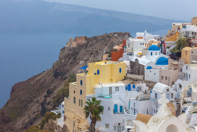 Aerial view of town by sea