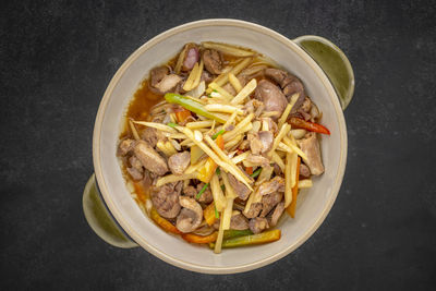 High angle view of noodles in bowl on table