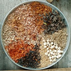 High angle view of eggs in bowl on table