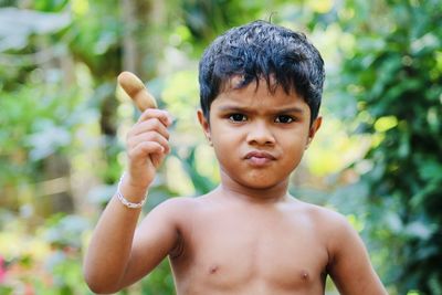 Portrait of cute boy holding plant