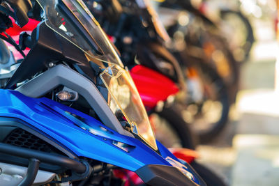 Motorcycles group parking on city street during adventure journey. motorcyclists community.