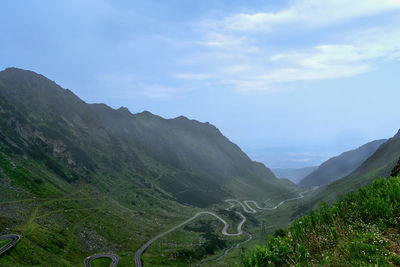 Transfagarasan through the fagaras mountains with green vegetation