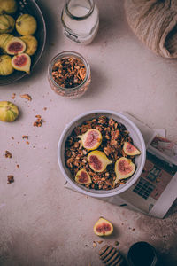 High angle view of breakfast on table