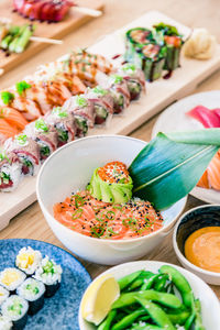 High angle view of meal served on table