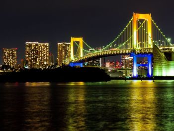 Illuminated bridge over river with city in background