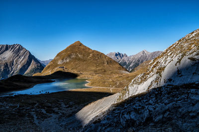 Scenic view of lake and mountains against clear blue sky