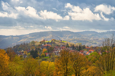 Trees and buildings against sky during autumn