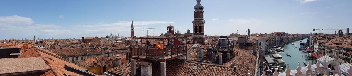 High angle view of buildings against sky