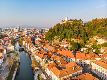 High angle view of townscape against sky