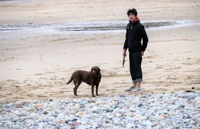 Full length of teenage boy with dog at beach