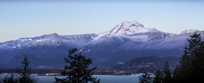 Scenic view of snowcapped mountains against clear sky