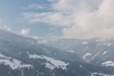 Aerial view of snowcapped mountains against sky