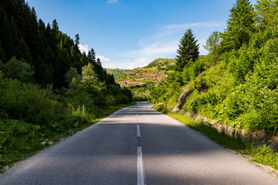 Empty road amidst trees against sky