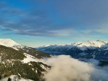 Scenic view of snowcapped mountains against sky
