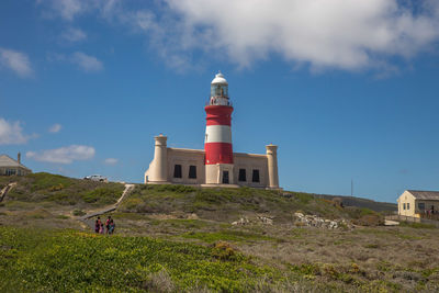 Lighthouse by mountain against sky