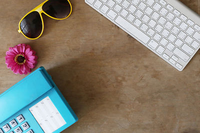 High angle view of mobile phone on table