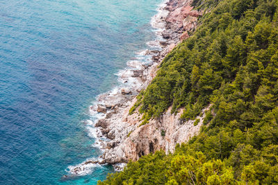 High angle view of beach against blue sky