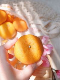 Close-up of hand holding orange