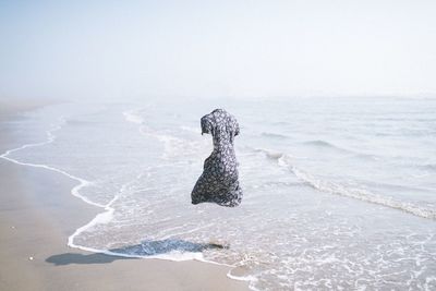 Dress levitating at beach against sky