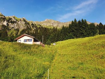 Scenic view of field and houses against sky