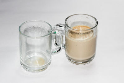 Close-up of glass of water against white background