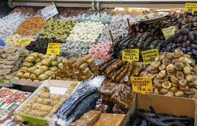 High angle view of various dessert displayed for sale in store