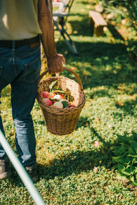 Rear view of man carrying fruits in basket