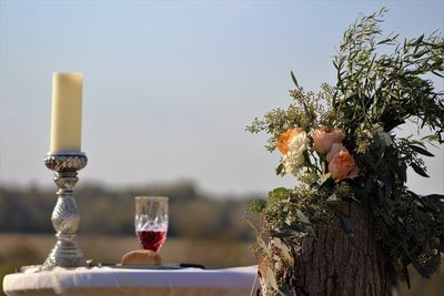 Close-up of wine glass on table against clear sky