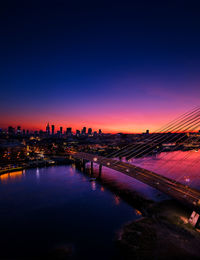 Illuminated city buildings at waterfront during sunset