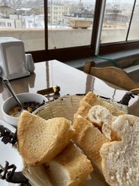 High angle view of breakfast on table