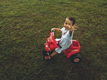 High angle view of girl on field